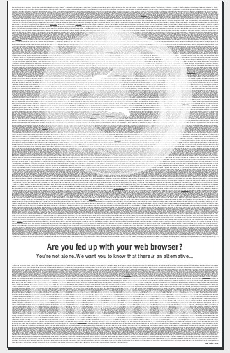 "Are you fed up with your browser? You're not alone. We want you to know that there's an alternative... Firefox." The logo of Firefox is drawn with names of people.